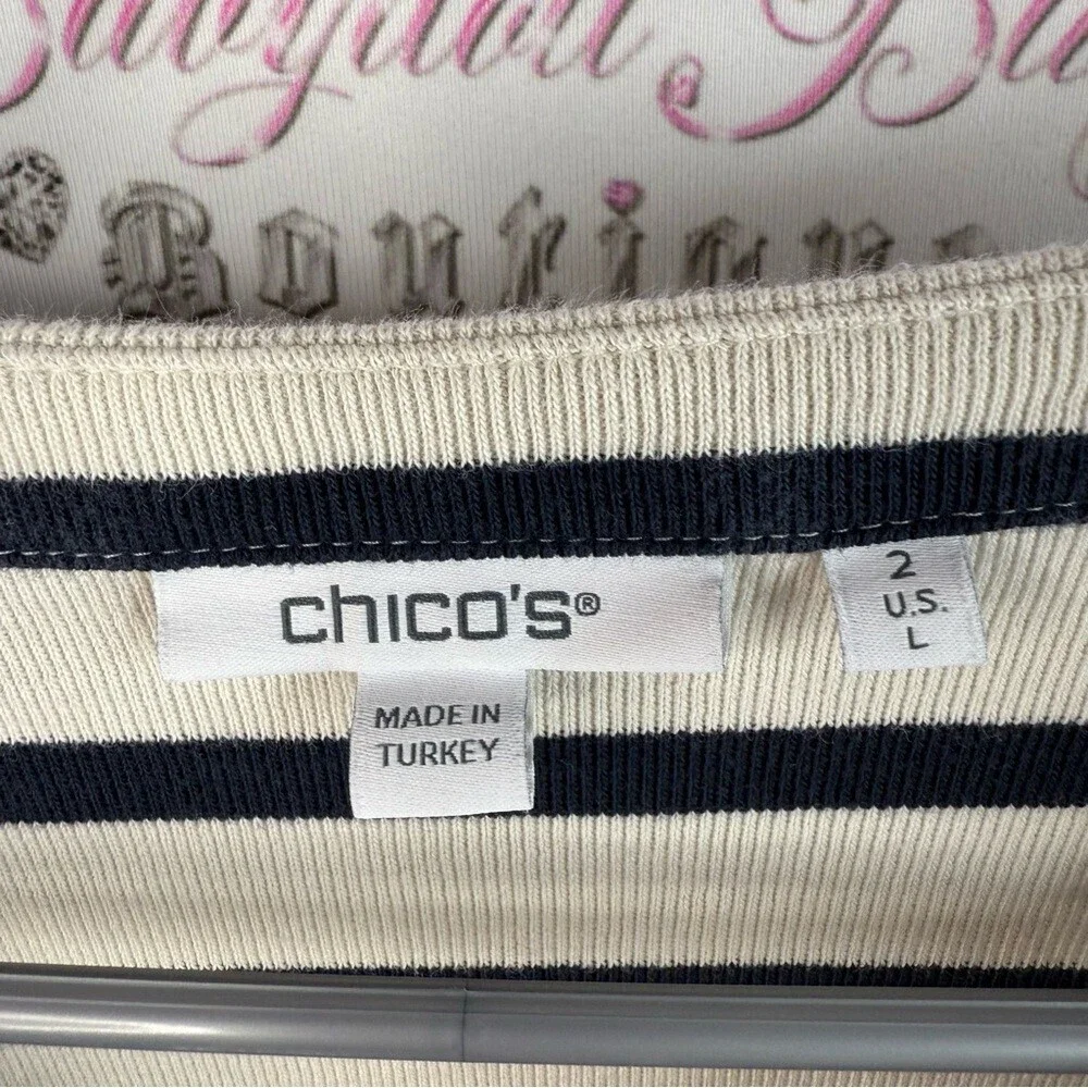 Chico's pull over shirt buttons, navy Black and White Striped Long Sleeve Top